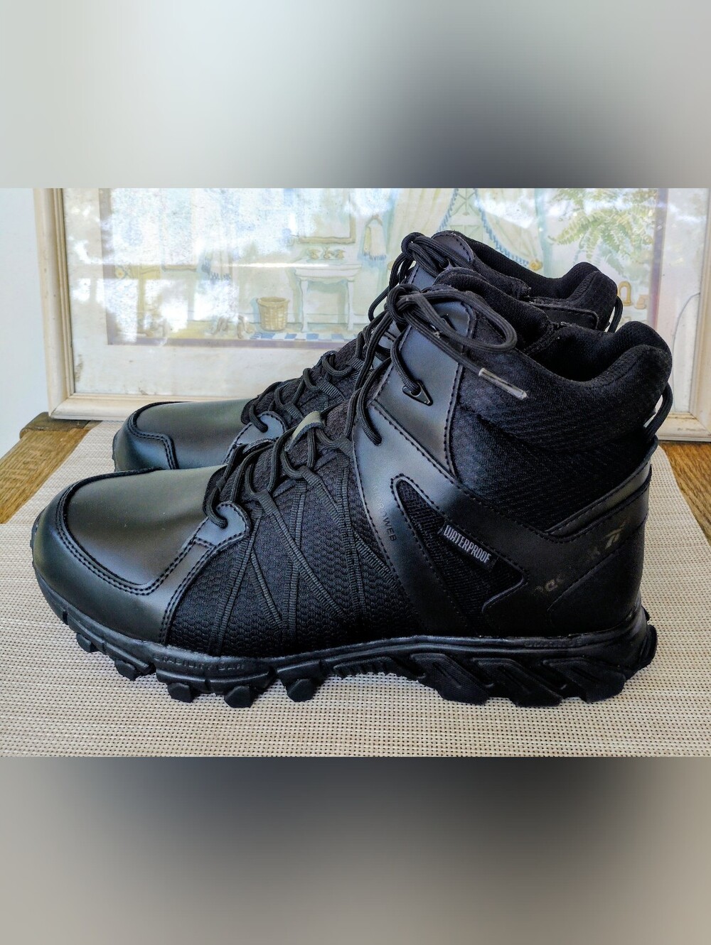 Reebok "TrailGrip Tactical" 6" Black Waterproof Soft-Toe Side-Zip Boot. Size 12W